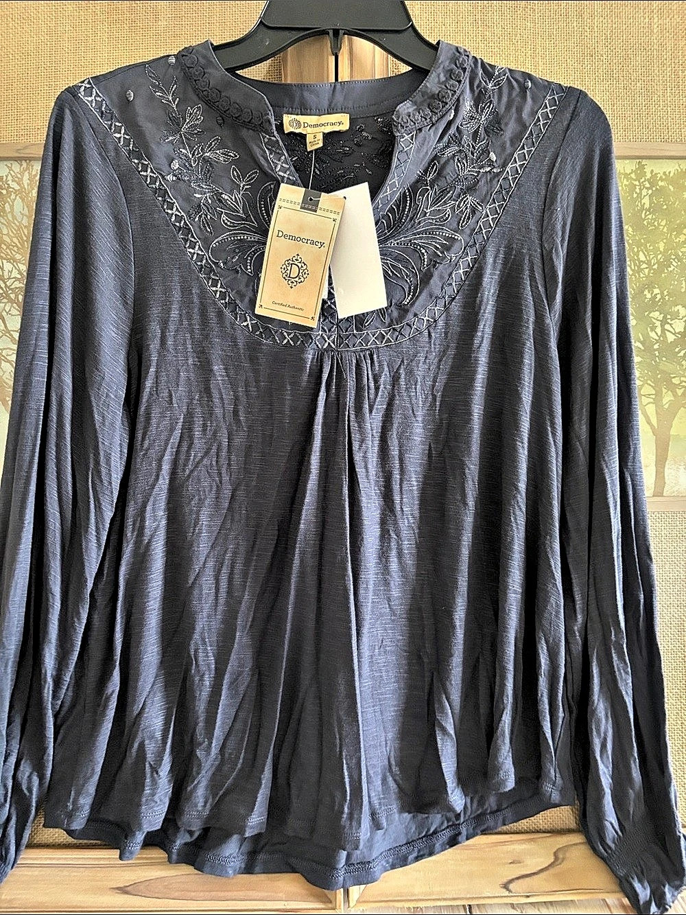 Democracy Embroidered Blouse in Blue Size Small NWT